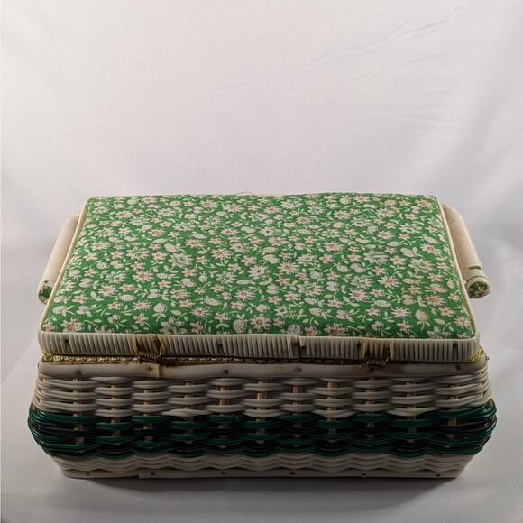 VTG Sewing Basket Woven and Hinged Bale Handle Cream Indonesian Wooden Bottom - Picture 4 of 10